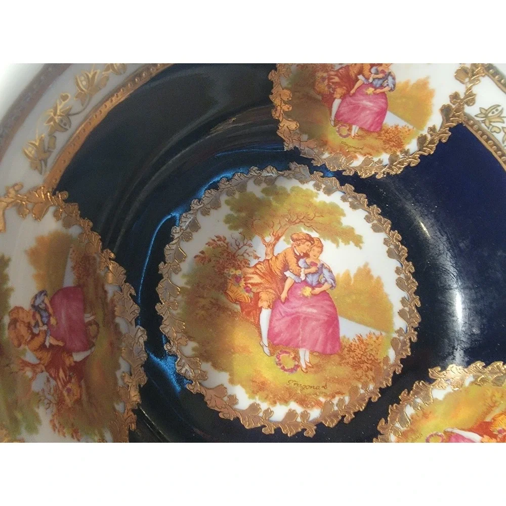FRAGONARD VINTAGE COBALT GOLD EUROPEAN DESIGN DECORATIVE PORCELAIN BOWL‎